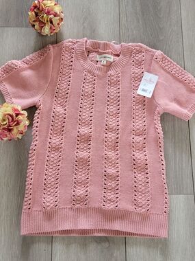 Lucky Brand Pink Open-Knit Short Sleeve Sweater